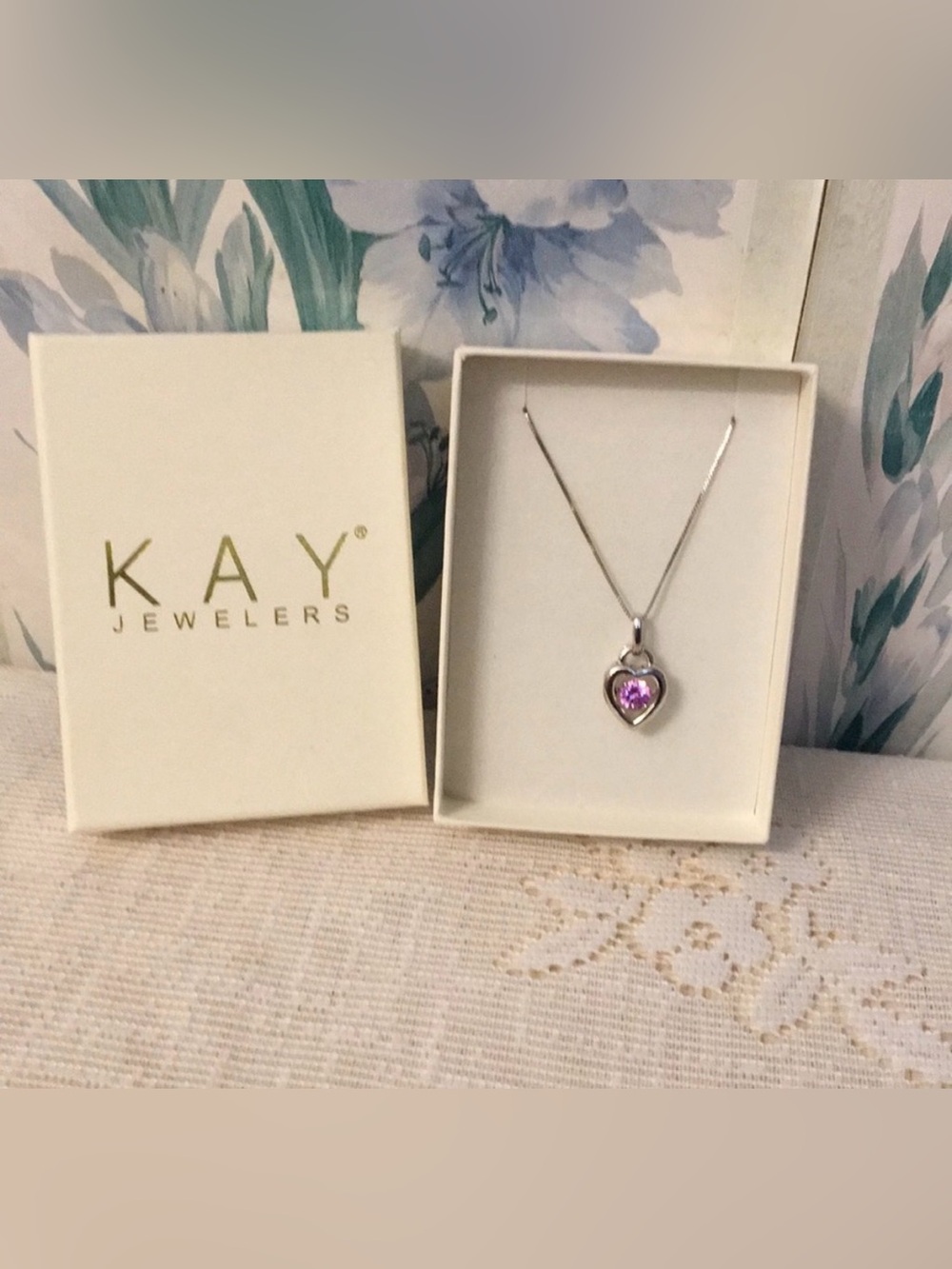 BeautifulKay Jewelers Silver Floating Heart Pendant Necklace with Pink Gemstone!